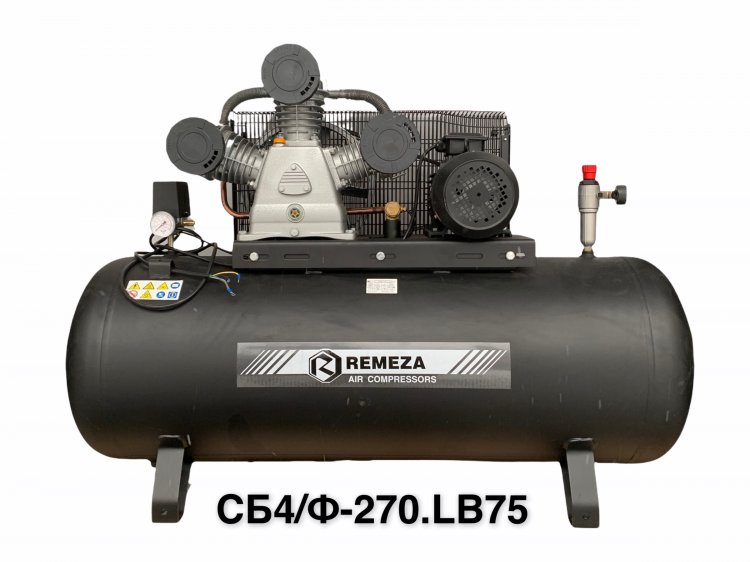 Компрессор поршневой 270.LB75 REMEZA (Белоруссия): 950 л/мин., 10 бар, ресивер 270 л., 5,5 кВт, 380В, габариты без упак. 1650x510x1150 мм, 195 кг.