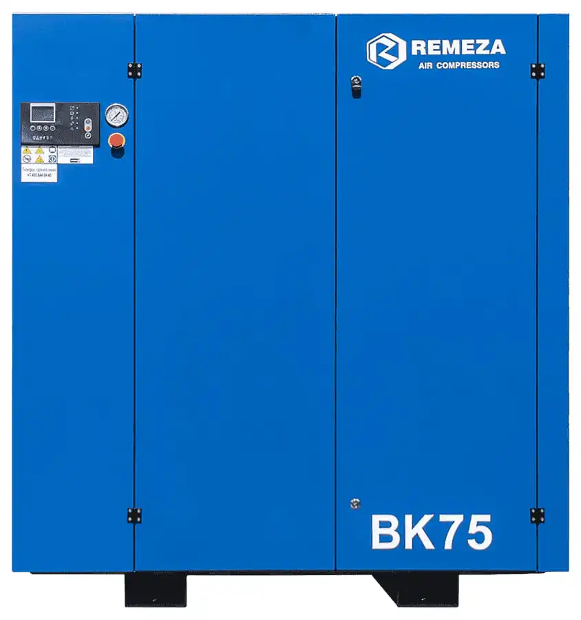 Винтовой компрессор BK75-10, без ресивера , производительность 7700л/мин,  рабочее давление 10 бар, мощность двигателя 55кВт, вес 1240 кг, габариты 1665х1430х1810мм. REMEZA, Республика Беларусь